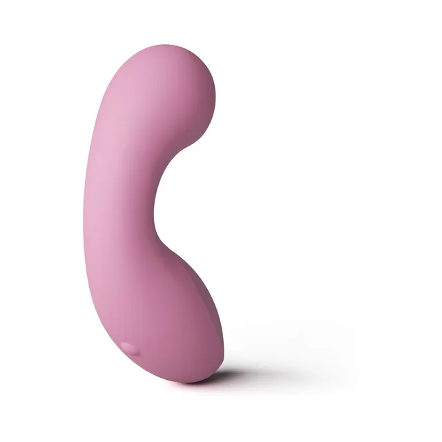 Minnie's Flick pink S-curved handheld vibrator upright side profile with rounded upper end and broad lower curve