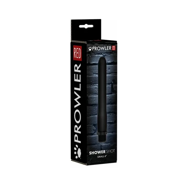 Prowler RED Shower Shot Small black nozzle shown vertically on narrow black brick-pattern hanging carton