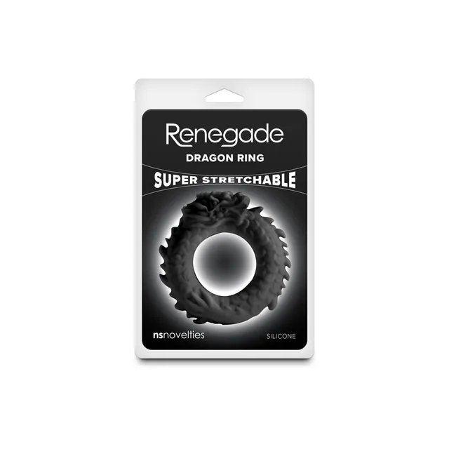 Black Renegade Dragon Ring in clear hanging package