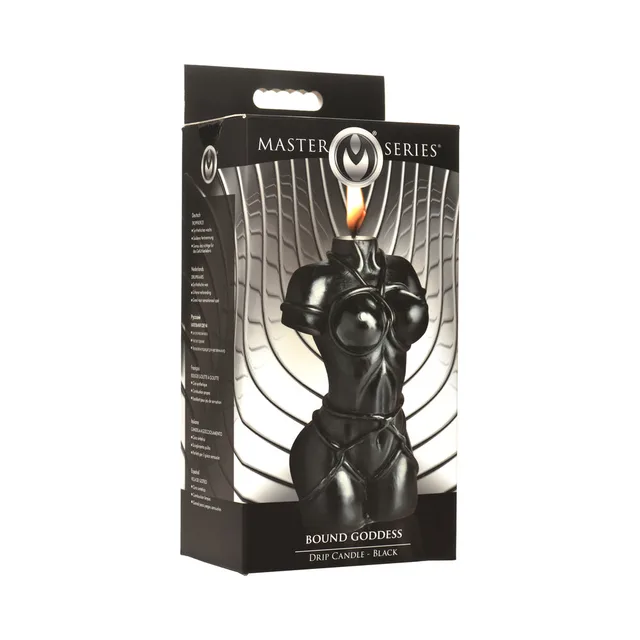 black Bound Goddess torso-shaped drip candle displayed in retail box