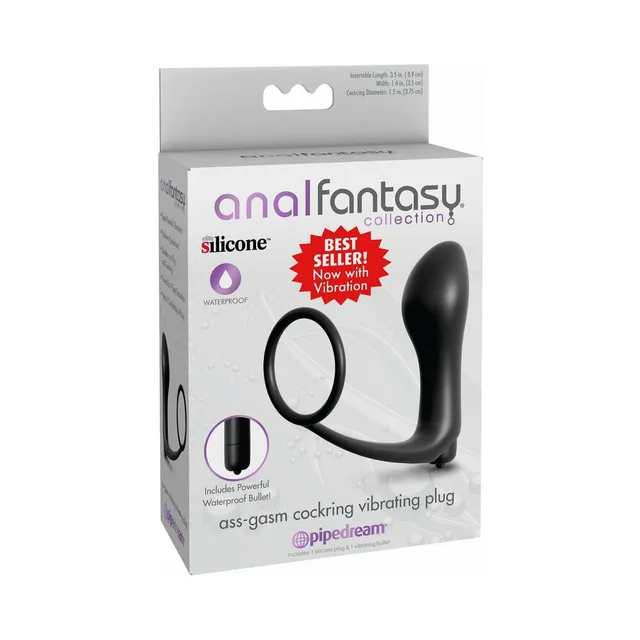 Anal Fantasy Black Vibrating Plug and Ring white retail carton three-quarter view
