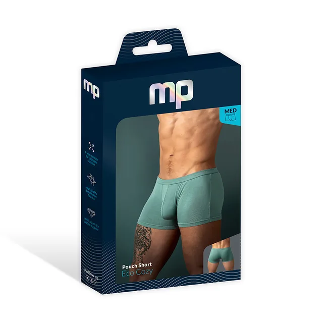 Male Power Eco Cozy Pouch Short in green size XL displayed in a navy window retail box