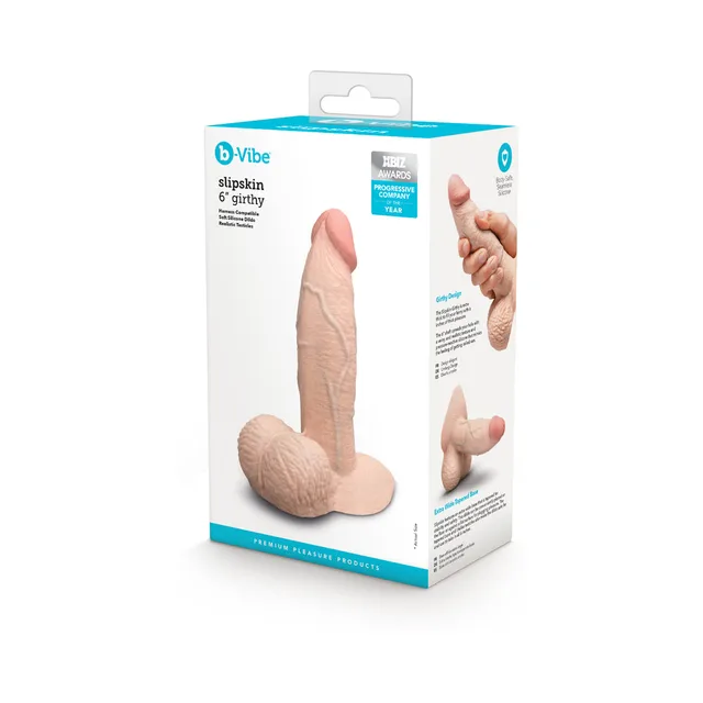 Cream 6-inch Slipskin Girthy dildo beside retail box