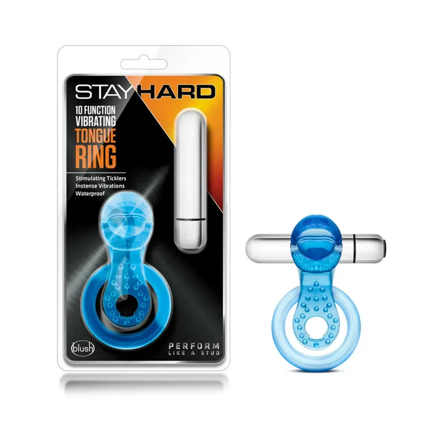 Blush Stay Hard Blue Tongue Ring beside black orange retail package
