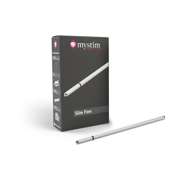Mystim Slim Finn silver urethral sound straight metal rod beside black retail box