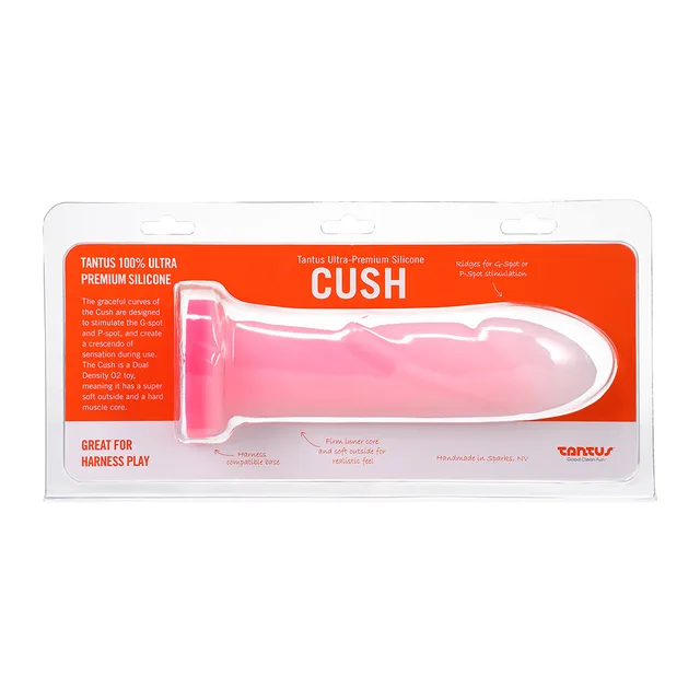 Retail package of Tantus Cush O2 Rose Quartz with dildo visible inside