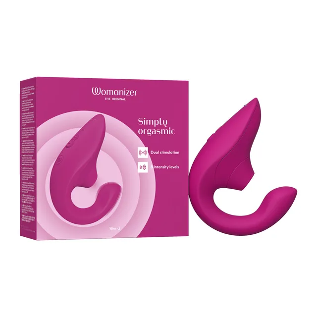 Vibrant Pink Womanizer Blend beside magenta retail box with product image