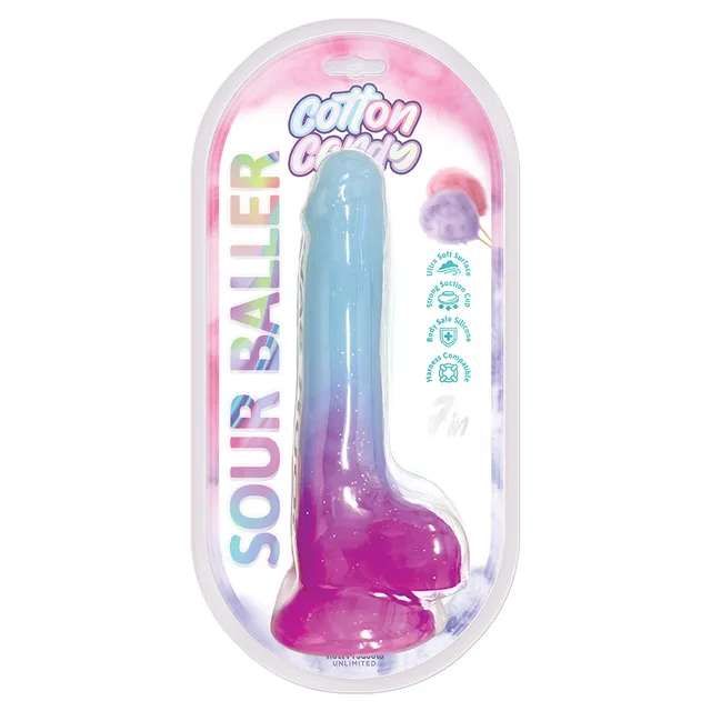 Aqua and purple Sour Baller dildo in Cotton Candy package