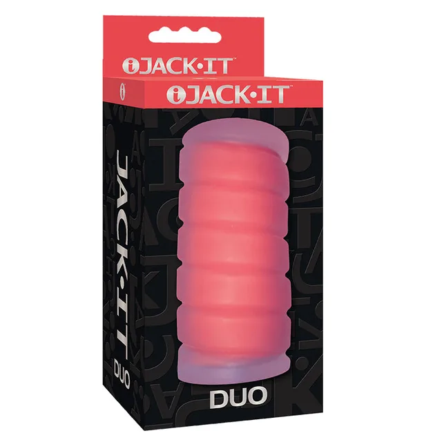 Red Jack-It Duo ribbed cylindrical stroker in black window box
