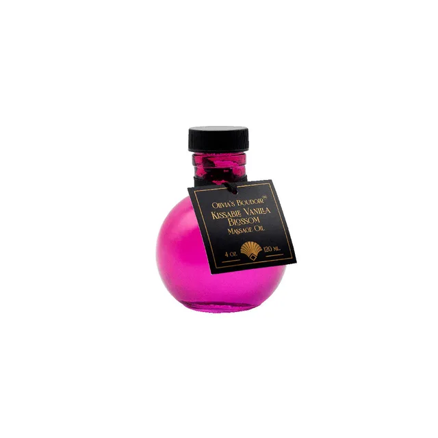 round pink 4 oz bottle of Olivia's Boudoir Vanilla Blossom massage oil