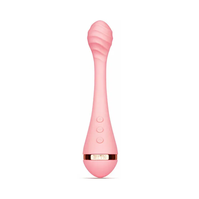 light-pink VUSH Myth curved vibrator with ribbed rounded head and three controls