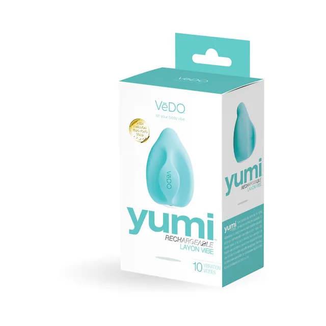 VeDO Yumi turquoise finger vibrator in angled retail box
