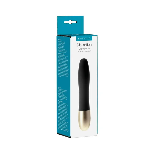 black Me You Us Discretion mini vibrator with rounded body and gold twist base on box