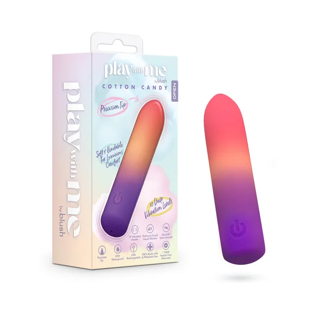 Pink-to-purple Play With Me Cotton Candy vibrator beside box