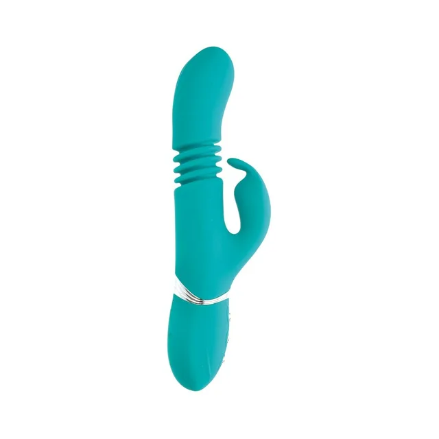Adam & Eve Eve's teal rechargeable thrusting rabbit full front view with curved external arm