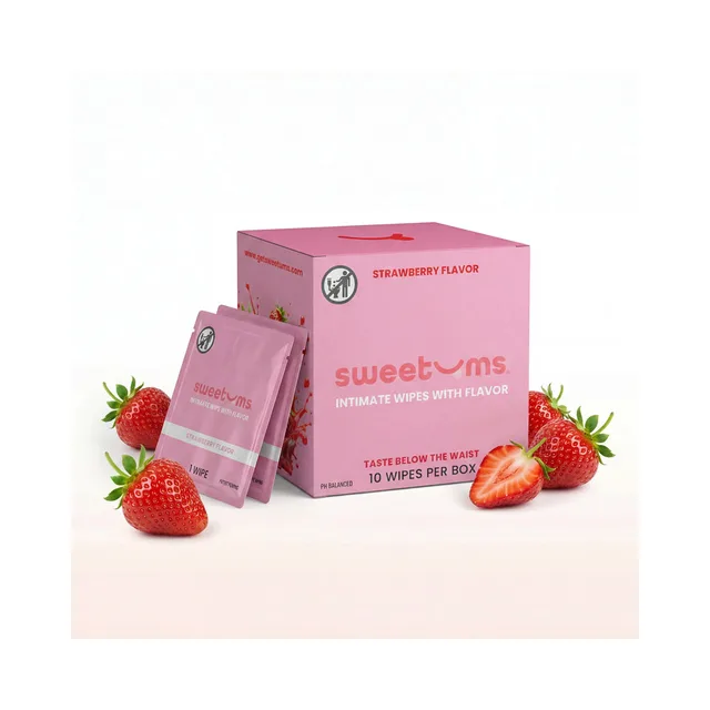 Sweetums Intimate Strawberry wipes 10-pack box, sealed packets and fresh strawberries together