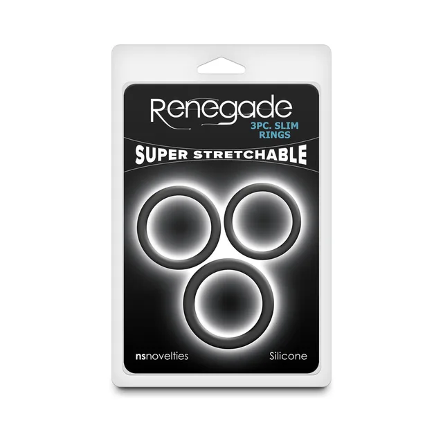 Three black Renegade slim silicone rings in graduated sizes on retail card