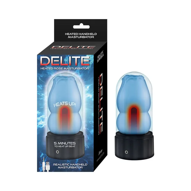 blue TPE Delite rose-shaped masturbator on black heated base beside box
