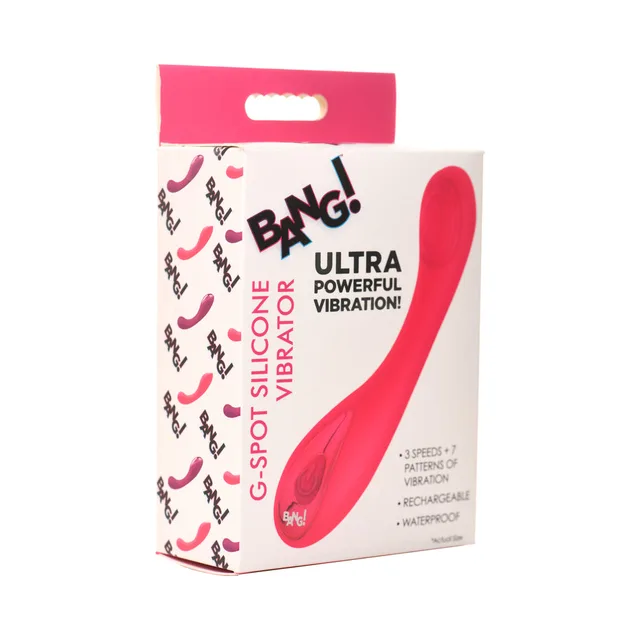 BANG pink silicone G-Spot vibrator pictured on white-and-pink retail box