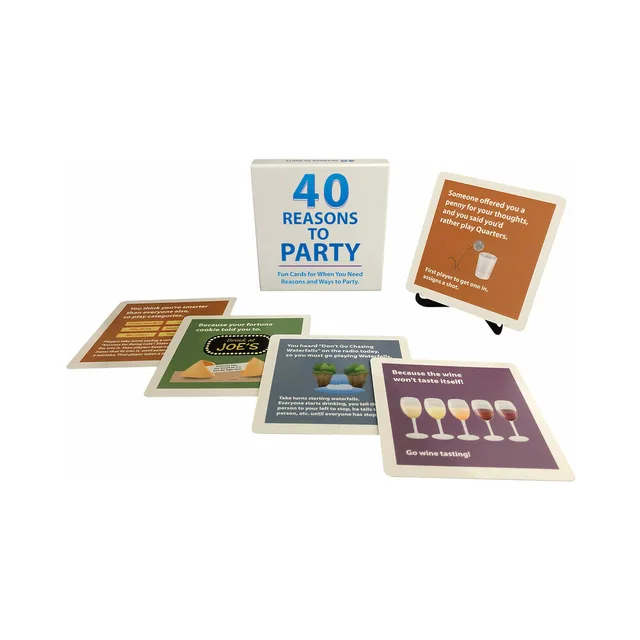 white 40 Reasons to Party card stand surrounded by brown green purple and orange cards