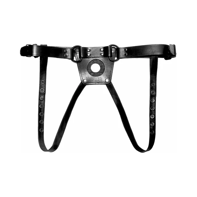 Large Prowler RED black leather dong harness laid flat with ring panel and leg straps