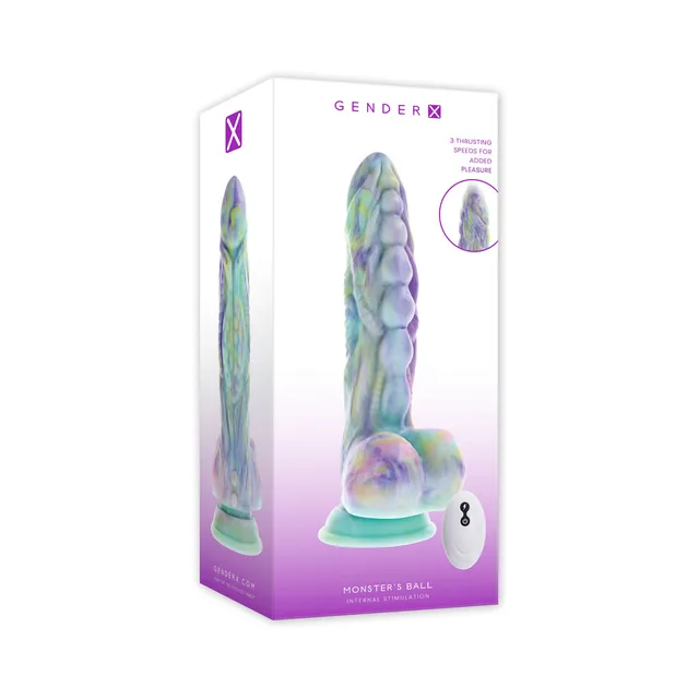 Gender X Monster's Ball multicolor vibrator beside white box