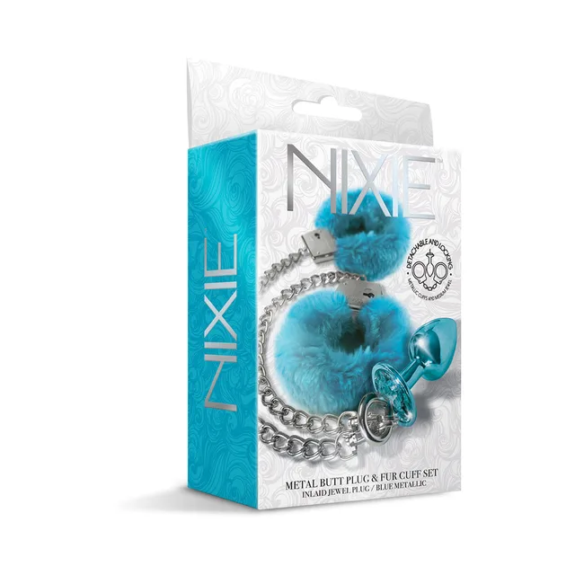 Front of blue Nixie plug and furry handcuff retail package