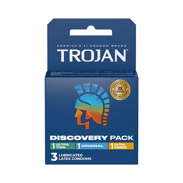 Blue Trojan Discovery Pack carton containing three lubricated latex condom styles