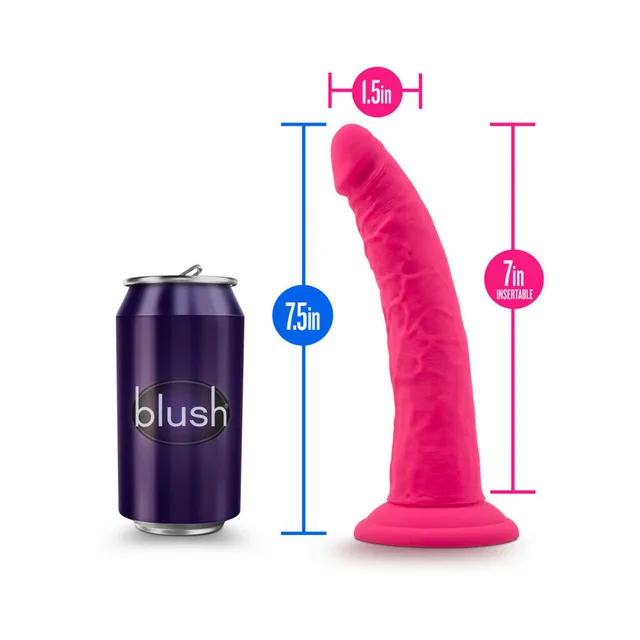 Blush Ruse Jimmy hot-pink silicone dildo beside printed 7.5-inch measurement graphic