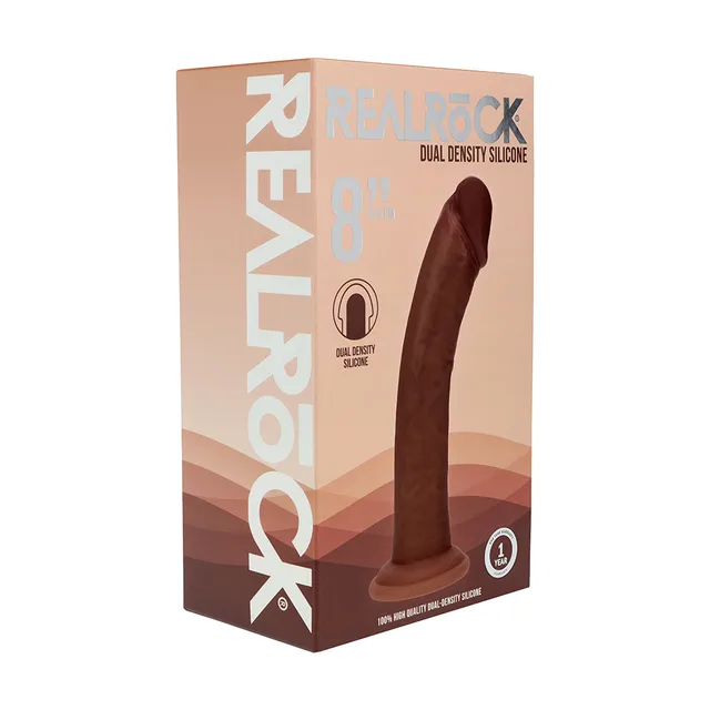 Shots Realrock 8-inch brown curved dual-density dildo displayed in its brown retail box