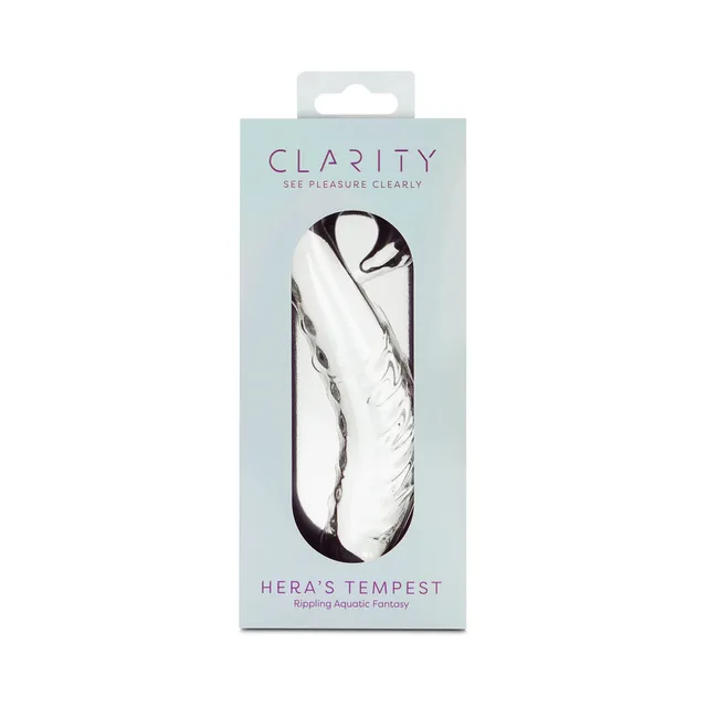 Clarity Hera's Tempest clear curved glass dildo in pale box
