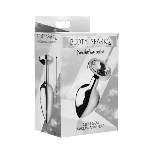 medium silver Booty Sparks anal plug with faceted clear gem on grey box