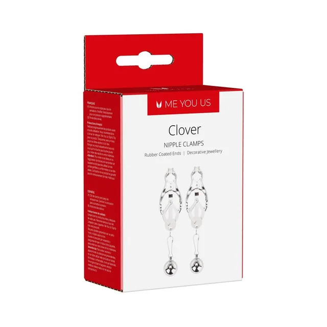 pair of silver Me You Us Clover nipple clamps with round dangling weights on box