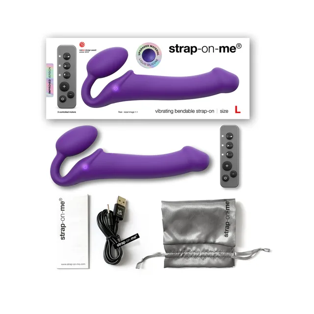 Purple large Strap-On-Me set with remote, cable, pouch and box