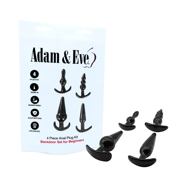 Adam & Eve black four-piece anal plug kit four shapes beside white bag packaging