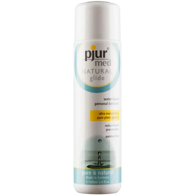 White 100 ml pjur med Natural Glide bottle with aqua and yellow label accents