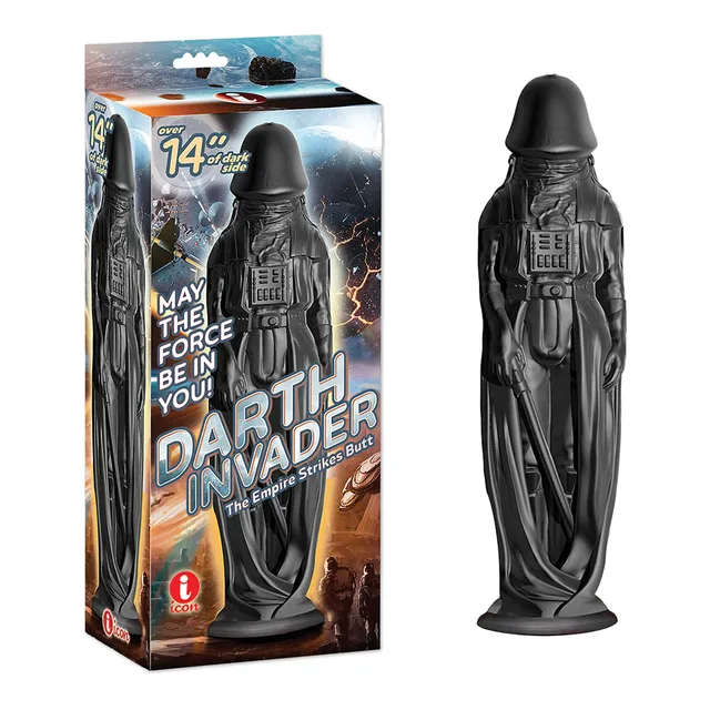 Icon Massive Darth Invader black dildo beside illustrated box