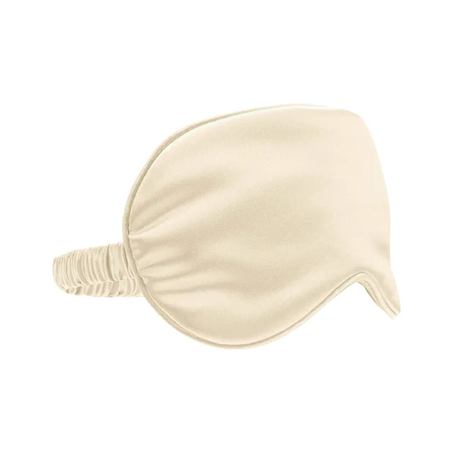 Angled gold Ouch satin mask with gathered elastic strap
