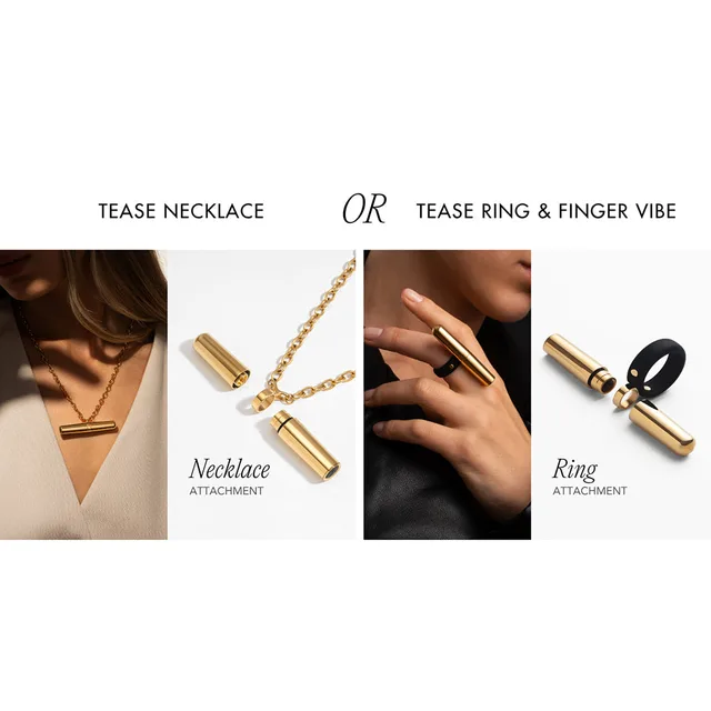 Crave Tease gold necklace and ring vibrator collection comparison of necklace and finger ring configurations
