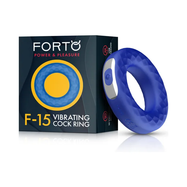 Blue Forto F-15 vibrating cock ring beside retail box