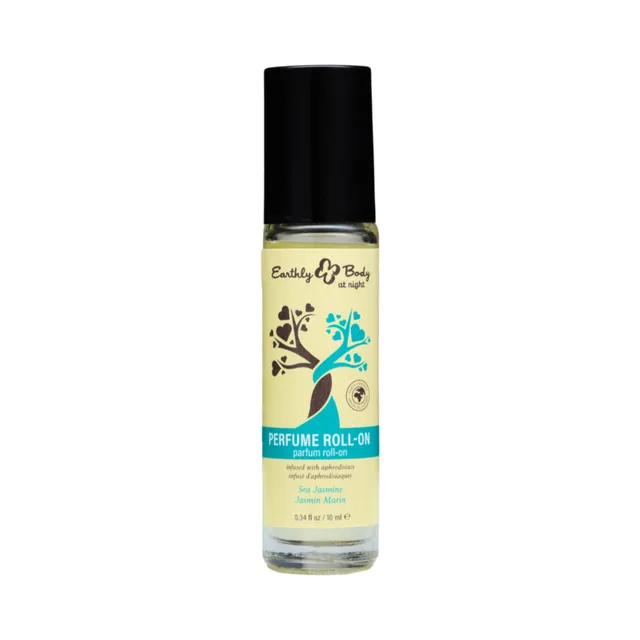 Earthly Body Sea Jasmine roll-on perfume bottle with blue and teal label