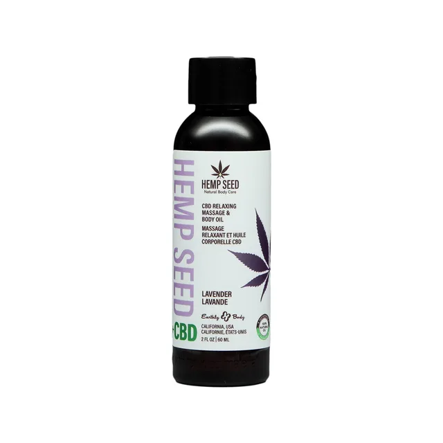 Front of 2 oz Earthly Body Hemp Seed CBD Lavender oil bottle