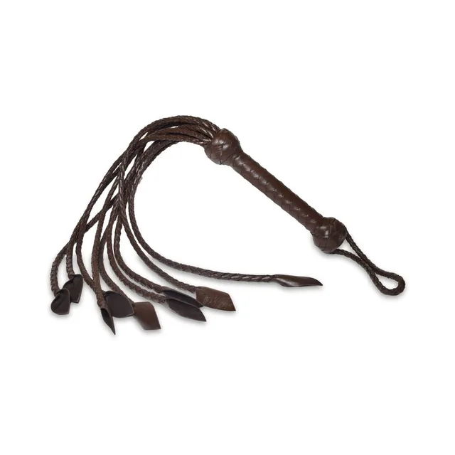 Prowler RED brown leather flogger with braided tails spread