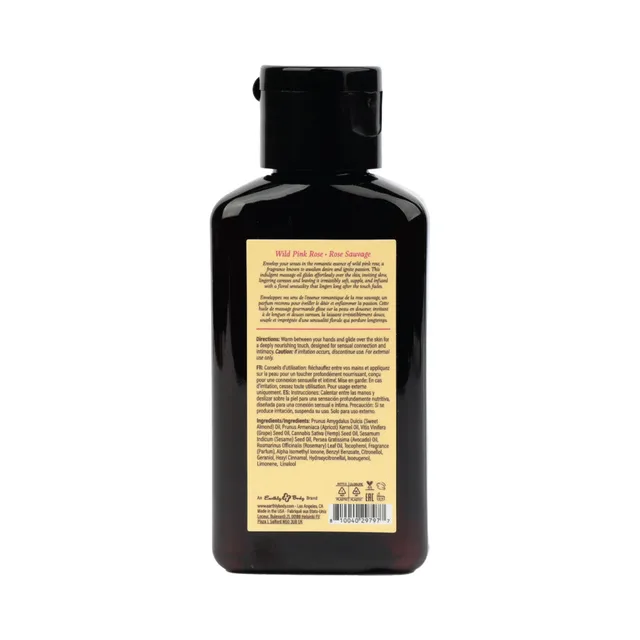 Back label of 2 oz wild pink rose massage oil bottle