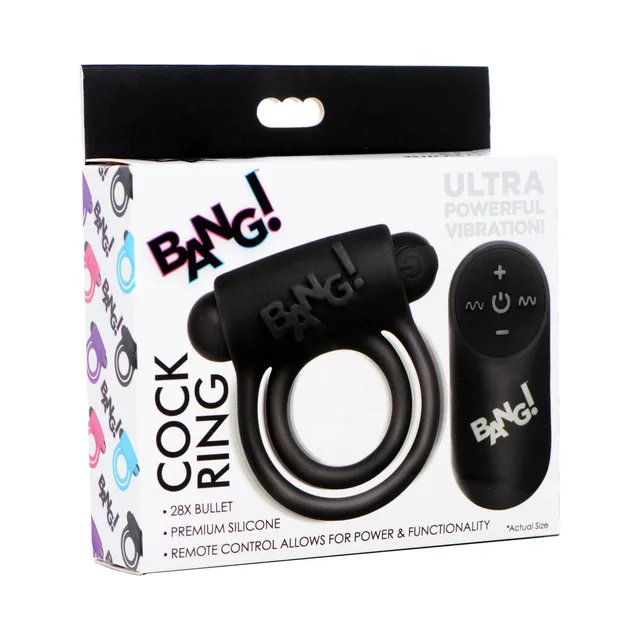 black BANG silicone double cock ring with black bullet and wireless remote on box