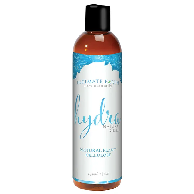 Intimate Earth Hydra 8 oz Glide tall amber bottle with blue white label and black cap