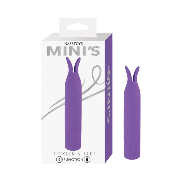 Nasstoys Mini's purple Tickler Bullet beside retail box