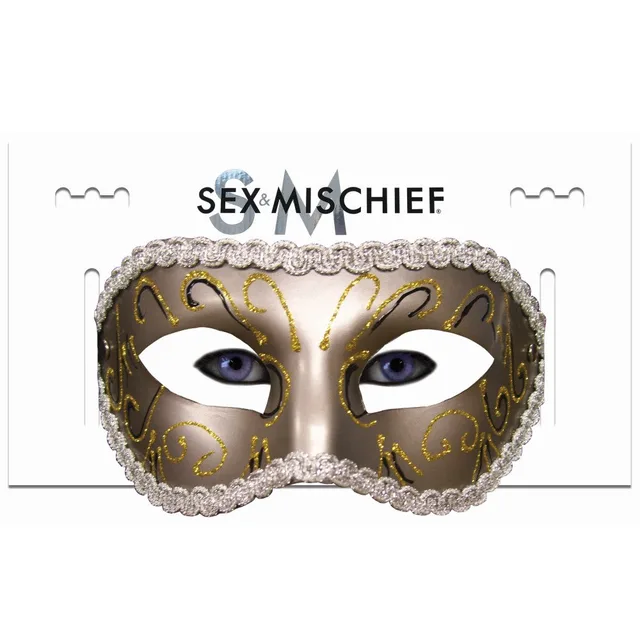 Sex and Mischief Gold Masquerade Mask gold eye mask on white hanging card