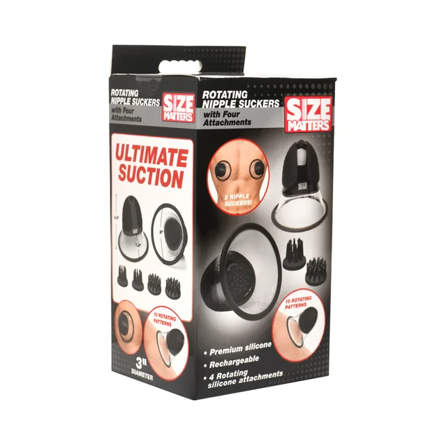 black Size Matters 10X rotating nipple suction set with four attachments on box