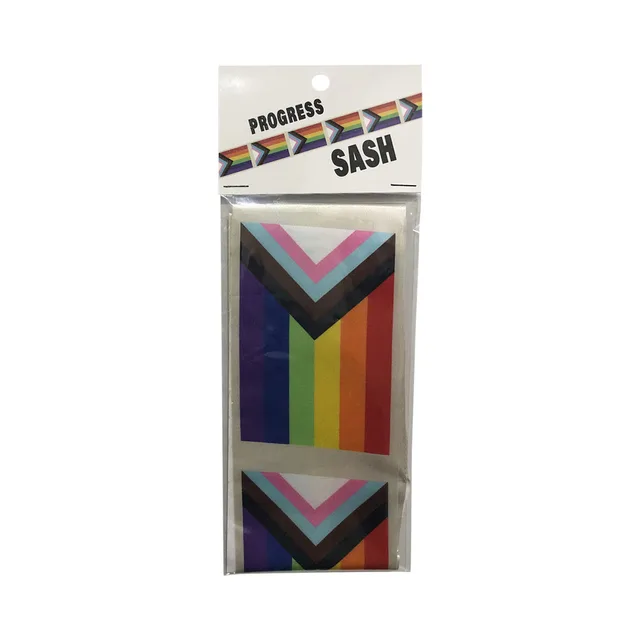 rainbow Progress polyester sash with multicolor chevrons in clear hanging package